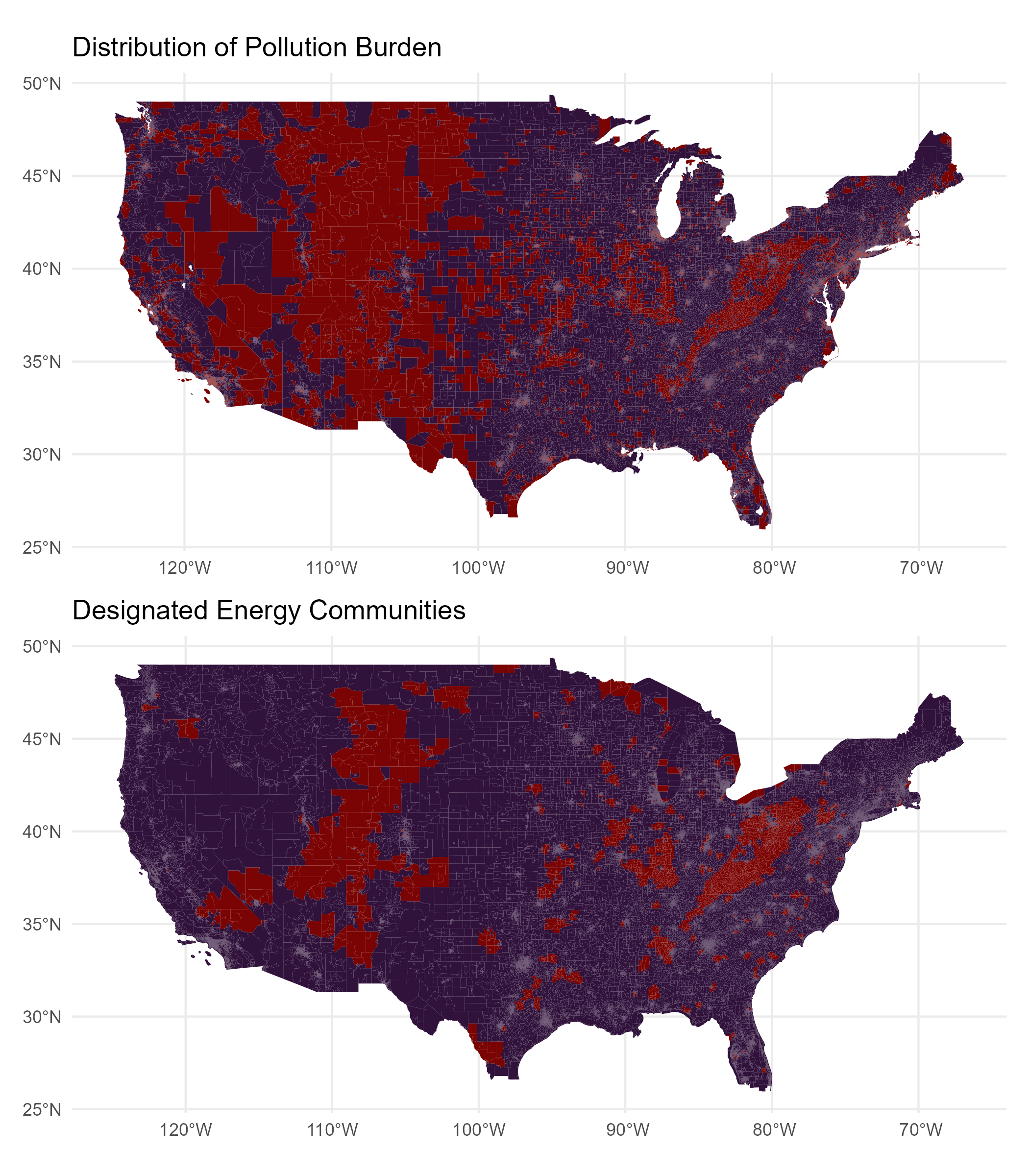 Maps comparing pollution burden communities with 48C tax credit eligible census tracts